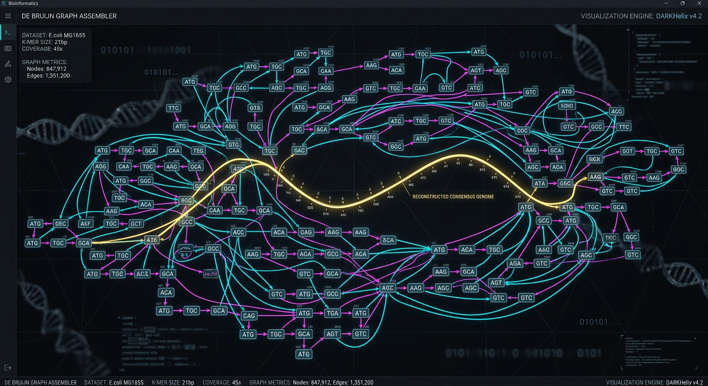 De Bruijn graph of k-mer nodes with a reconstructed consensus genome path traced through it
