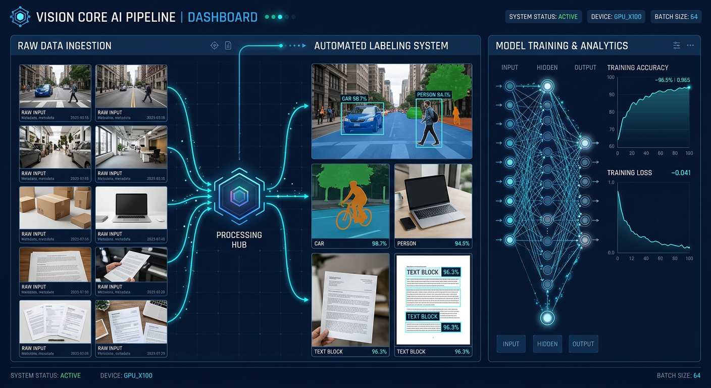 Data pipeline dashboard showing raw data ingestion, automated labeling, and model training analytics